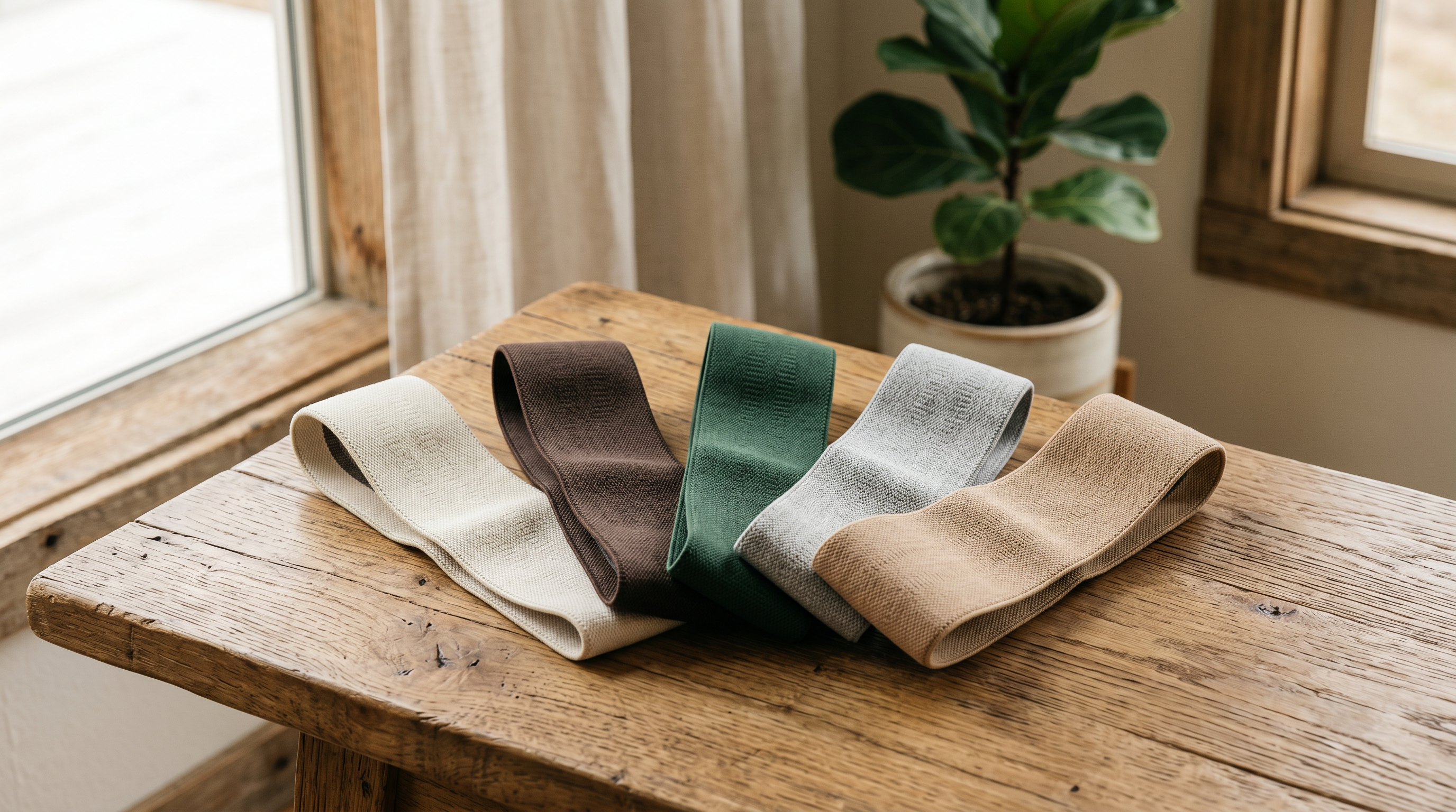 Five Kindred Athletic fabric resistance bands fanned on an oak bench.